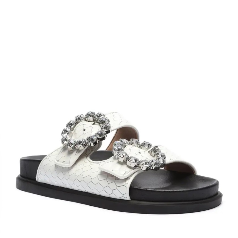 SCHUTZ Ariel Crystal-Buckle Sporty Slide White Snake Croc Sandals Size 10 B‎